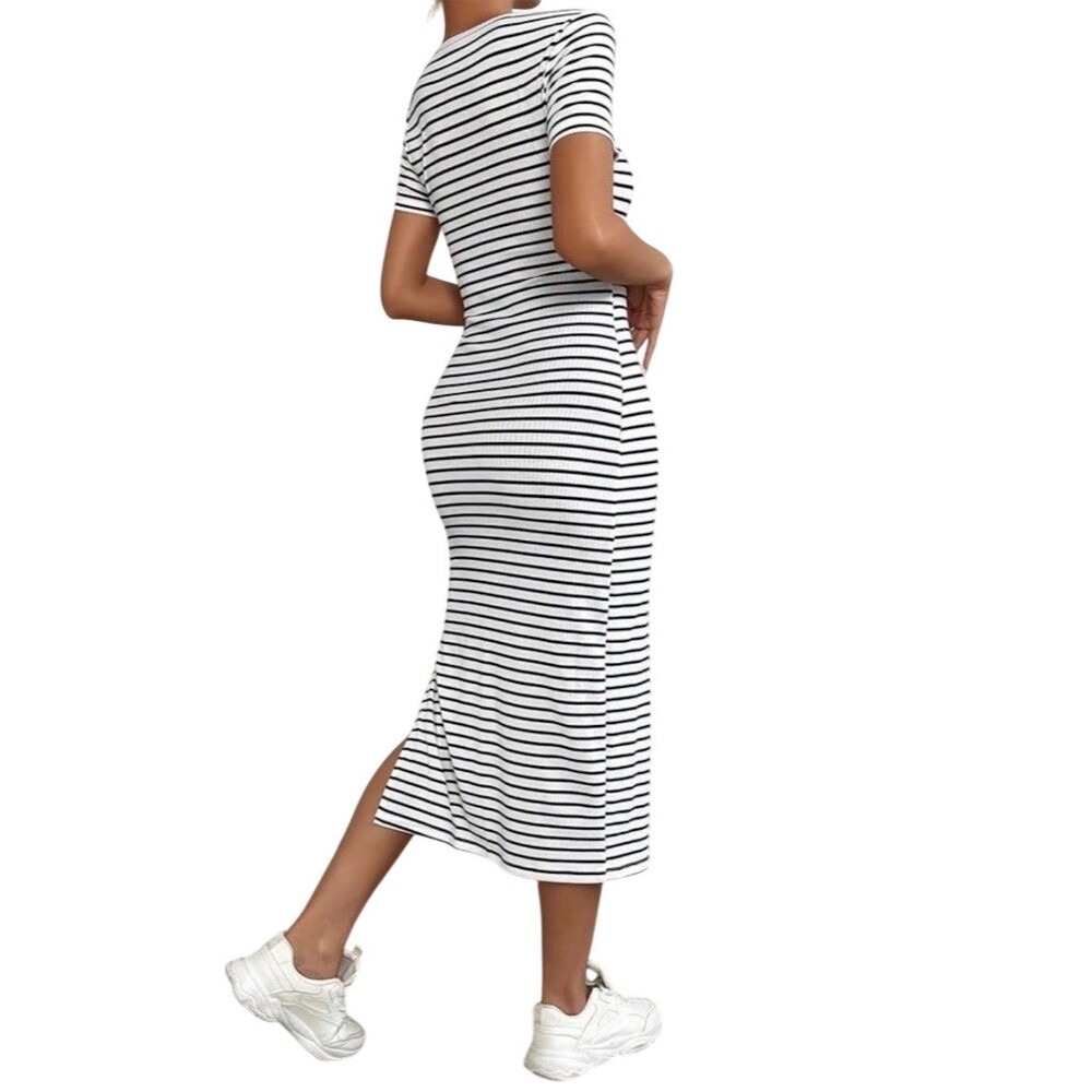 Justify Maxi Dress Womens Size L Black & White Striped Square Neck Side